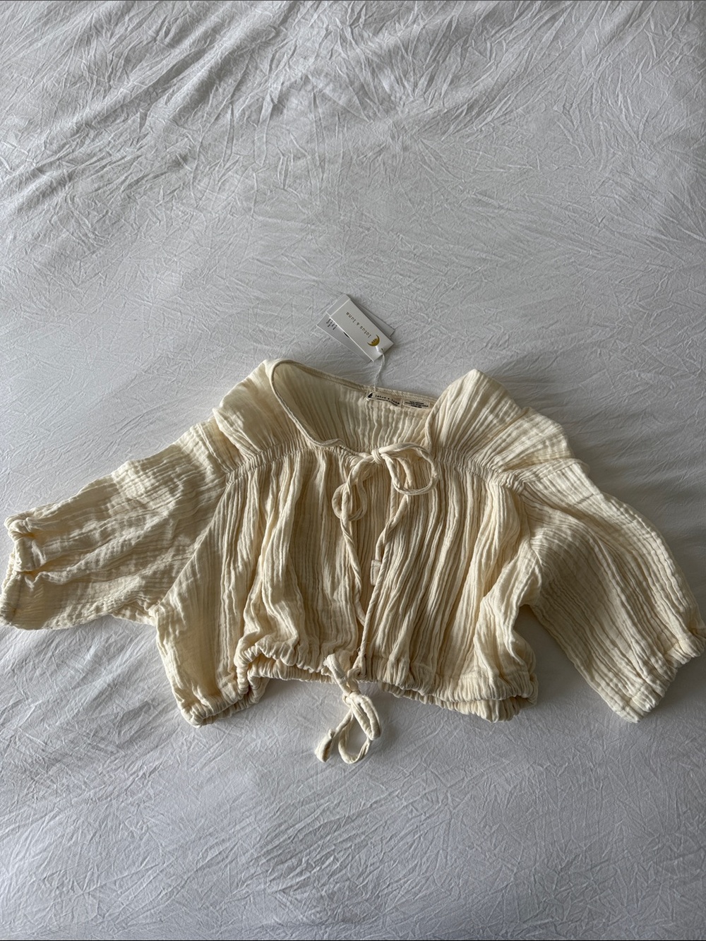 Lotus & Luna Cream Gauze Tie-Front Crop Top